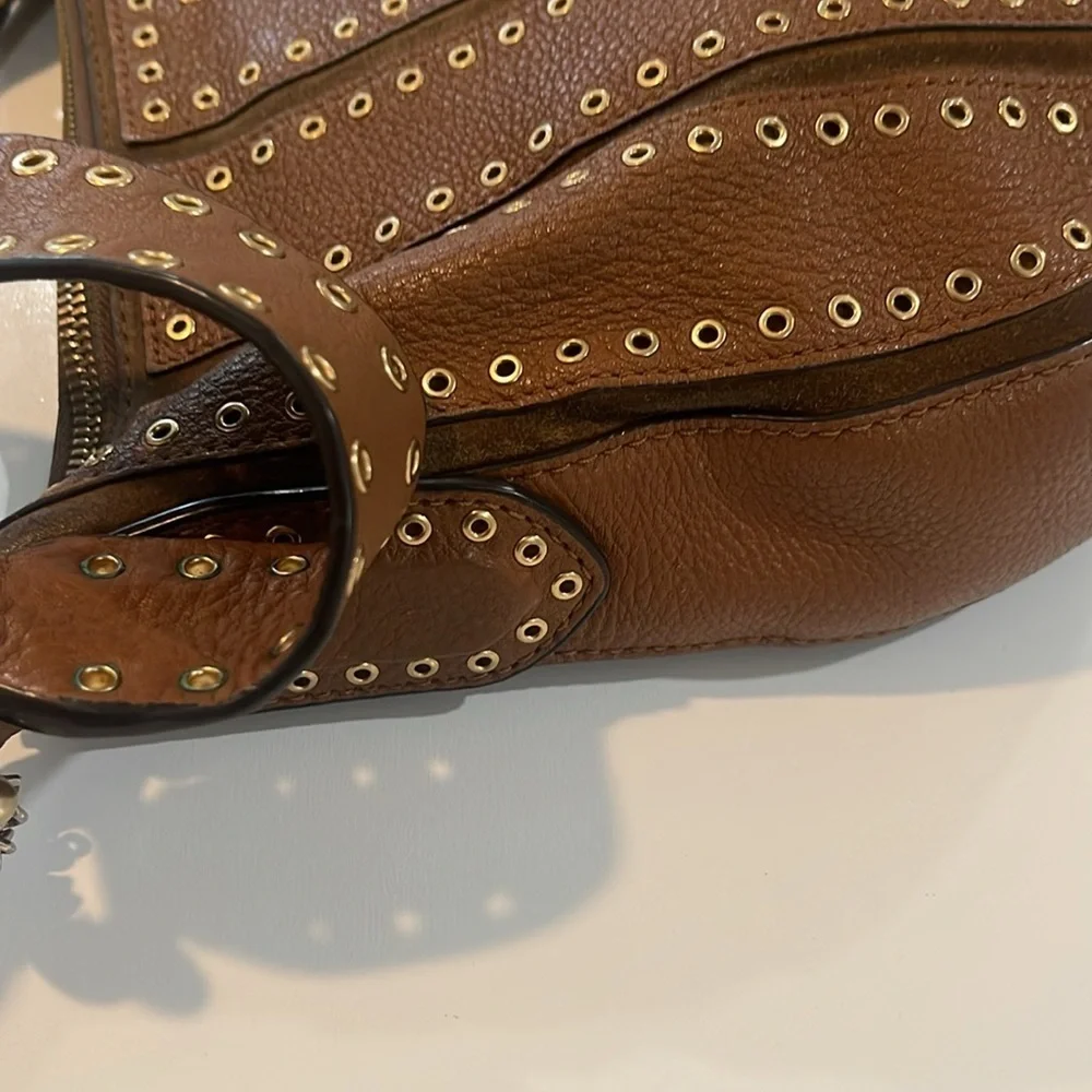 MK Michael Kors Brooklyn Grommet Leather Suede Hobo Crossbody Bag Caramel brown